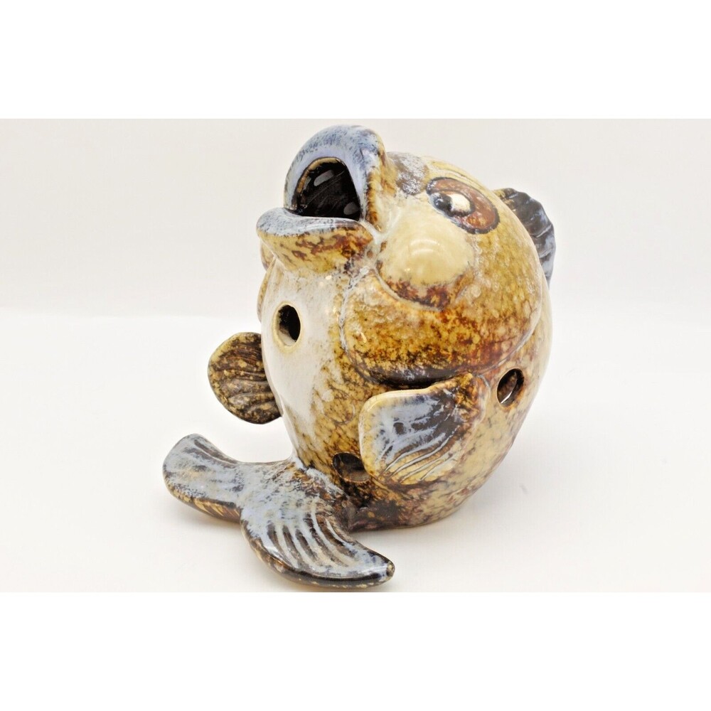 Pottery Fish Candle Holder Tea Light Votive Statue Decor Glazed Ceramic Nautical